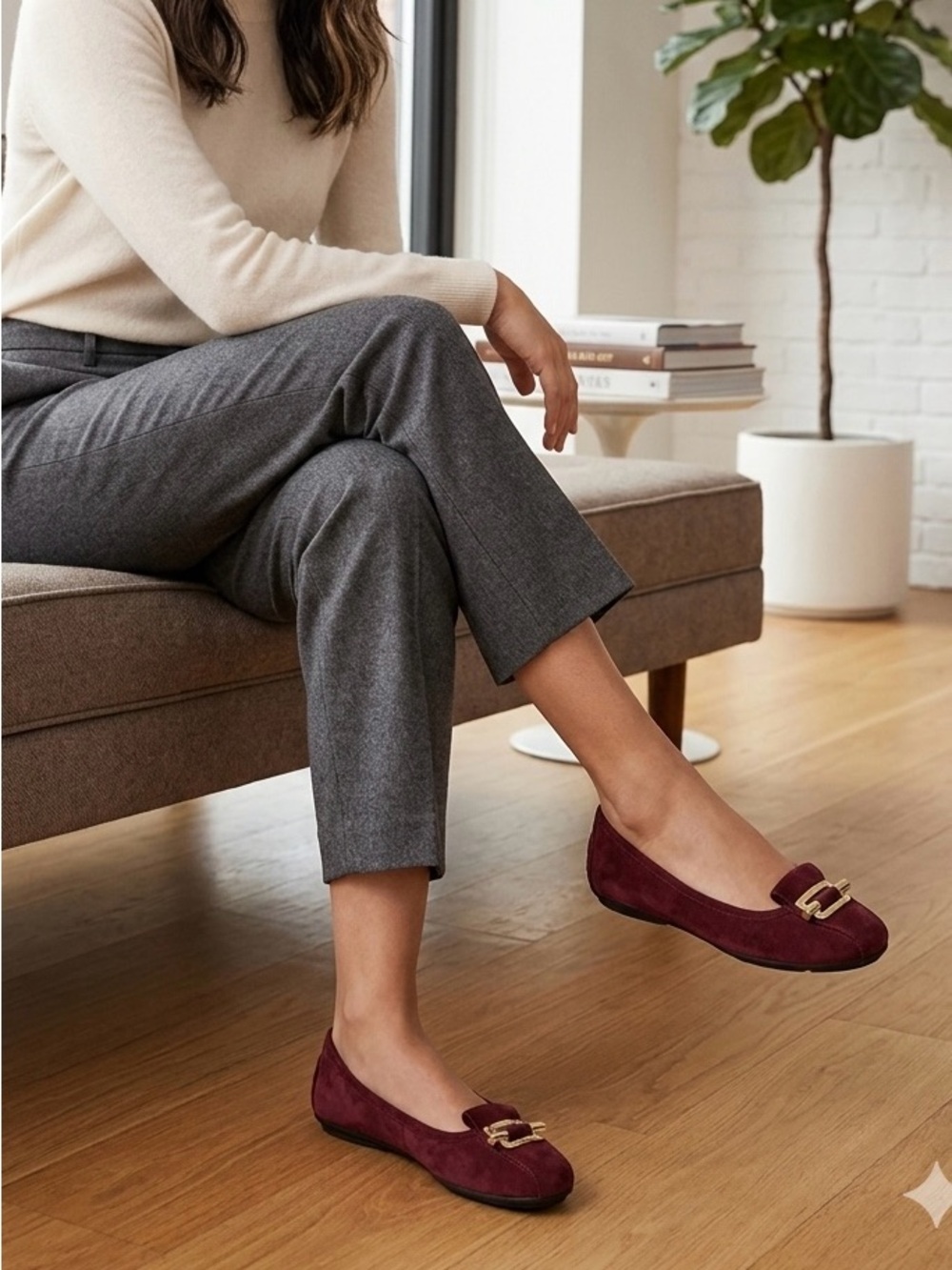 Michael Kors Burgundy Suede Loafers with Gold Buckle
